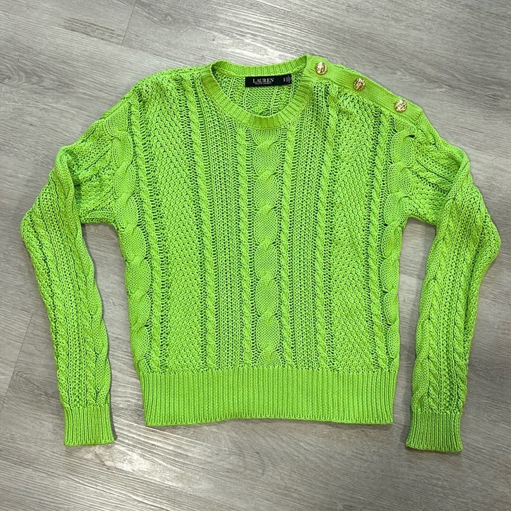 Ralph Lauren open cable knit sweater with button detail at shoulder